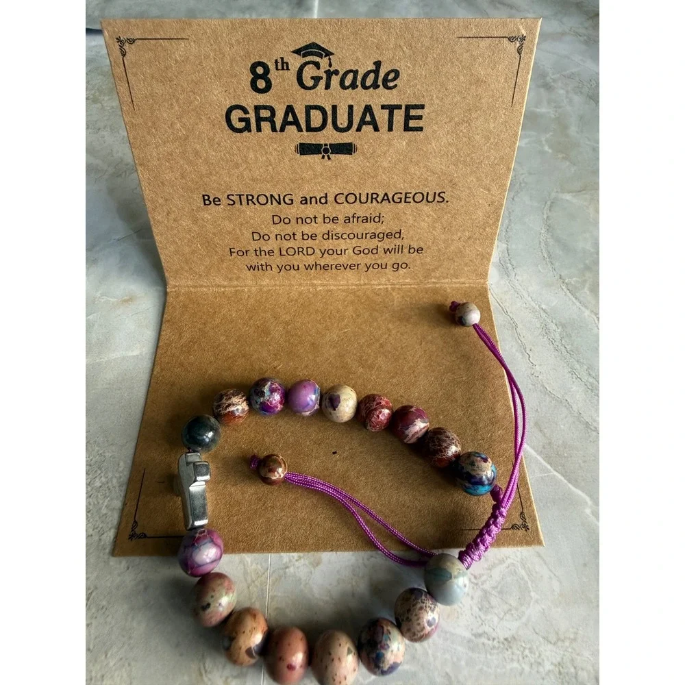 8th Grade Graduate Purple Beaded Cross‎ Bracelet Gift for Daughter Granddaughter